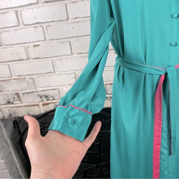Vintage 70s Jenni Green and Pink Tie Belt Button Down Midi Shirt Dress L - Picture 6 of 11